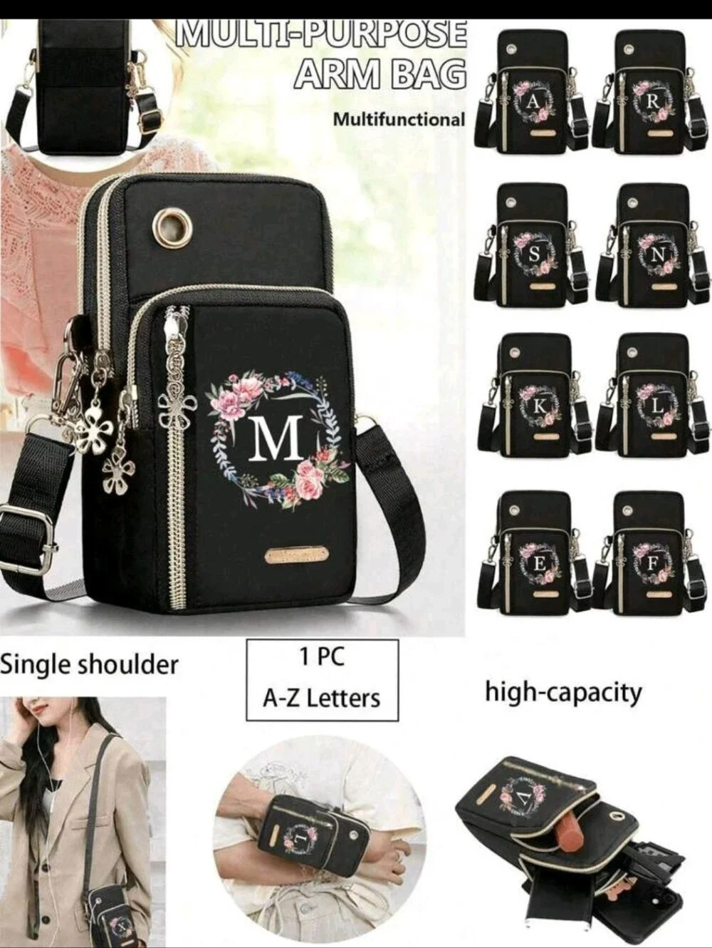 Black Minimalist Letter Design Mini Crossbody Bag With Phone pocket And Wallet